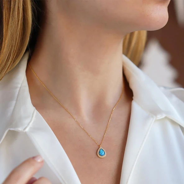 Opal Damla Taşlı Gold Kaplama Gümüş Kolye ürün görseli 1