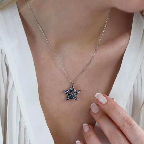 Renkli Zirkon Taşlı Yıldız Gümüş Kolye - Resim 3