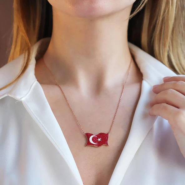 Türk Bayrağı Zirkon Taşlı Rose Gold Kaplama Gümüş Kolye ürün görseli 1