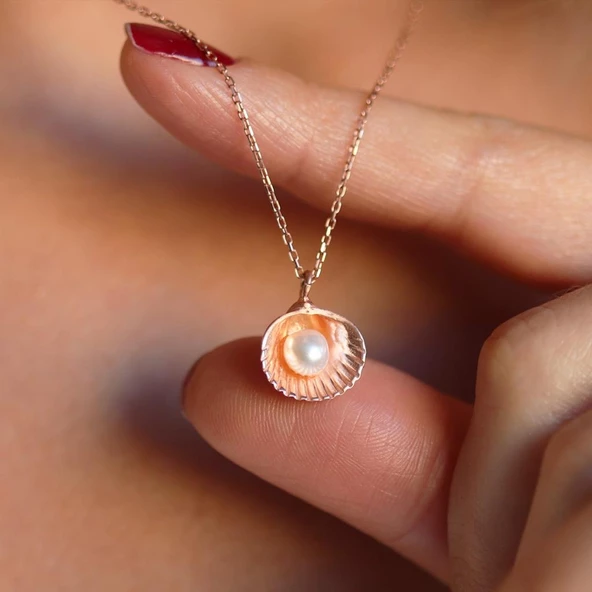 İstiridye İnci Rose Gold Kaplama Gümüş Kolye - Resim 3