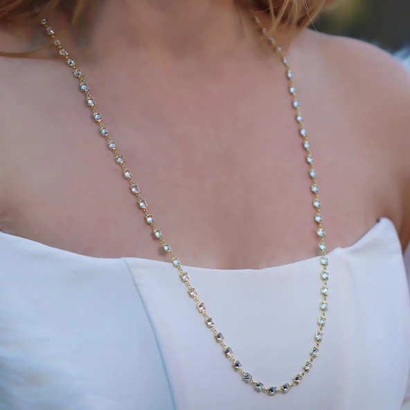 Kare Taş Sıralı Gold Kaplama Gümüş Kolye - Resim 2