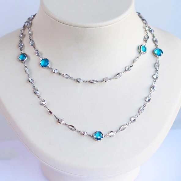 Mavi Swarovski Taşlı Gümüş Kolye - Resim 5