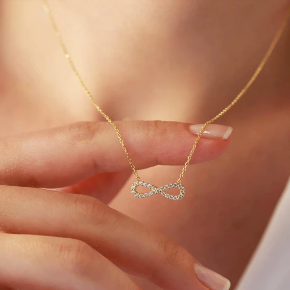 İnce Sonsuzluk Zirkon Taşlı Gold Kaplama Gümüş Kolye ürün görseli 1