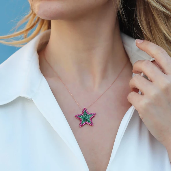 Renkli Zirkon Taşlı Alice Star Rose Gold Kaplama Gümüş Kolye - Resim 4