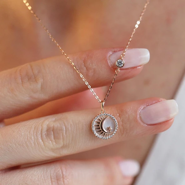 Sedef Taşlı Ay Yıldız Figürlü Rose Gold Kaplama Gümüş Kolye - Resim 5
