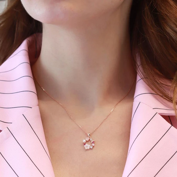 İnci ve Çiçek Motifli Rose Gold Kaplama Gümüş Kolye ürün görseli 1