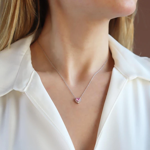 Pembe Taşlı Mini Sevgili Gümüş Kolye
