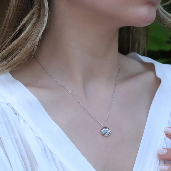 Yuvarlak Göz Modeli Zirkon Taşlı Gümüş Kolye ürün görseli 1