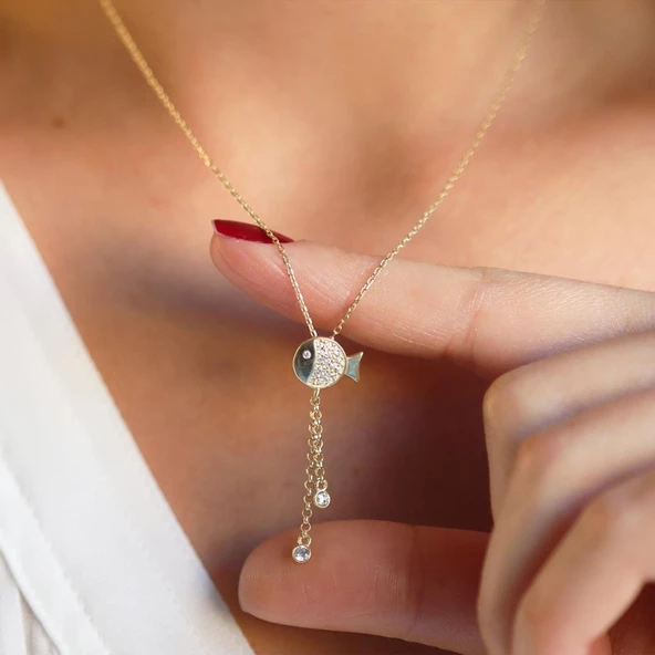 Zirkon Taşlı Sallantılı Balık Gold Kaplama Gümüş Kolye - Resim 2