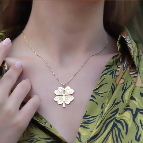 Gold Kaplama Yonca Gümüş Kolye - Resim 3