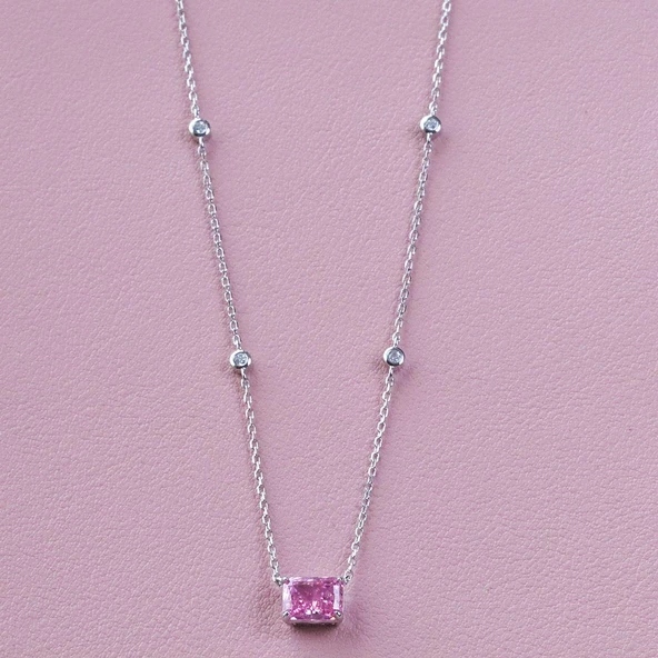 Zarif Tasarım Pembe Baget Taşlı Gümüş Kolye - Resim 2