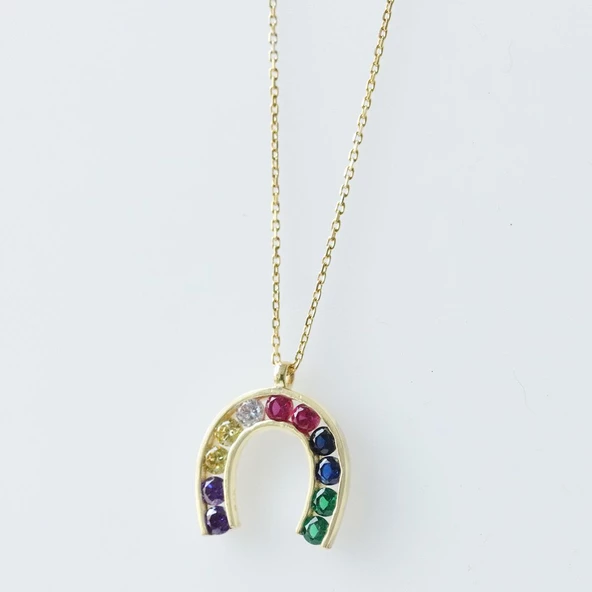 Renkli Zirkon Taşlı Gold Kaplama Şans Nalı Gümüş Kolye - Resim 2