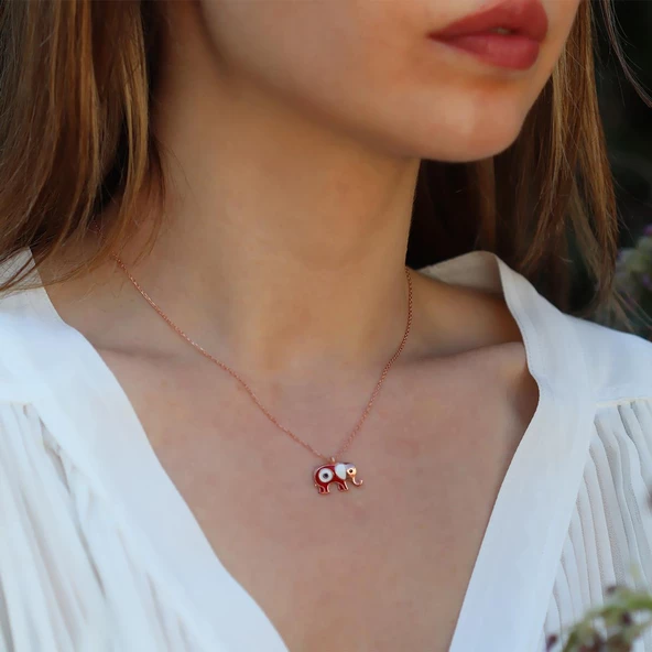 Kırmızı Mine İşli Rose Gold Kaplama Bereket Fili Gümüş Kolye ürün görseli 1