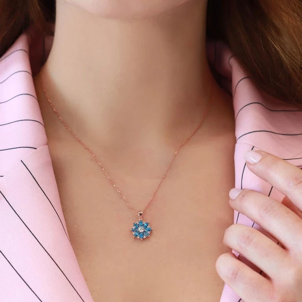 Mavi Zirkon Mini Kamelya Çiçeği Rose Gold Kaplama Gümüş Kolye ürün görseli 1
