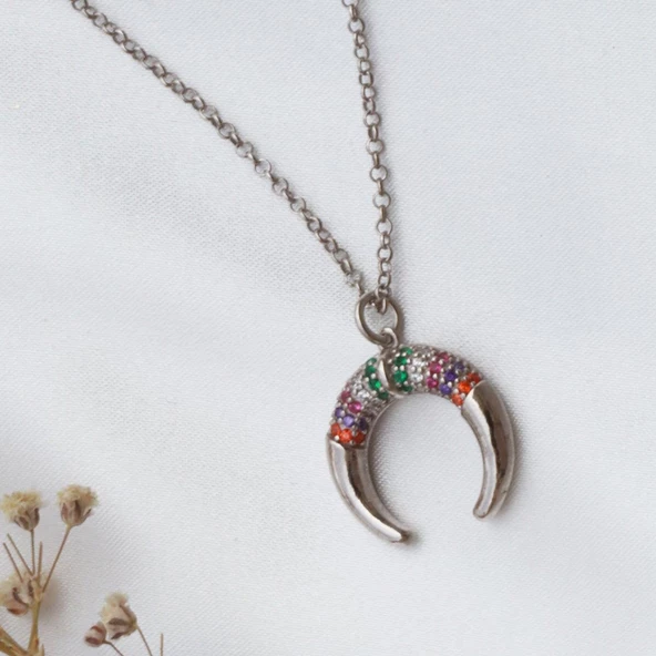 Hilal Model Renkli Zirkon Taşlı Asansörlü Gümüş Kolye - Resim 2