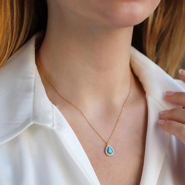 Opal Damla Taşlı Gold Kaplama Gümüş Kolye - Resim 3