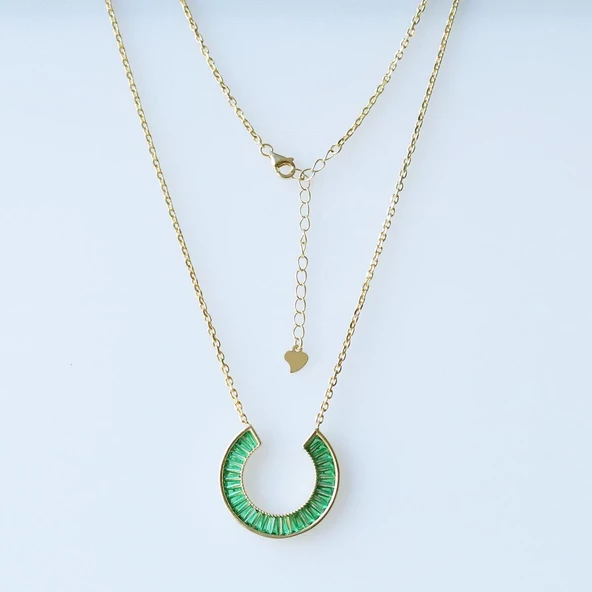 Şans Nalı Yeşil Baget Taşlı Gold Kaplama Gümüş Kolye - Resim 5