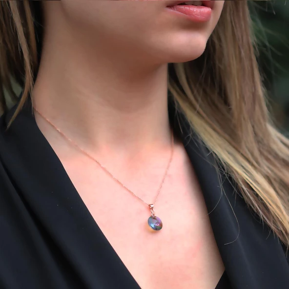 Yuvarlak Mistik Topaz Taşlı Rose Gold Kaplama Gümüş Kolye - Resim 2