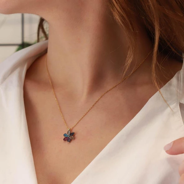 Renkli Zirkon Taşlı Gold Kaplama Çiçek Model Gümüş Kolye - Resim 3