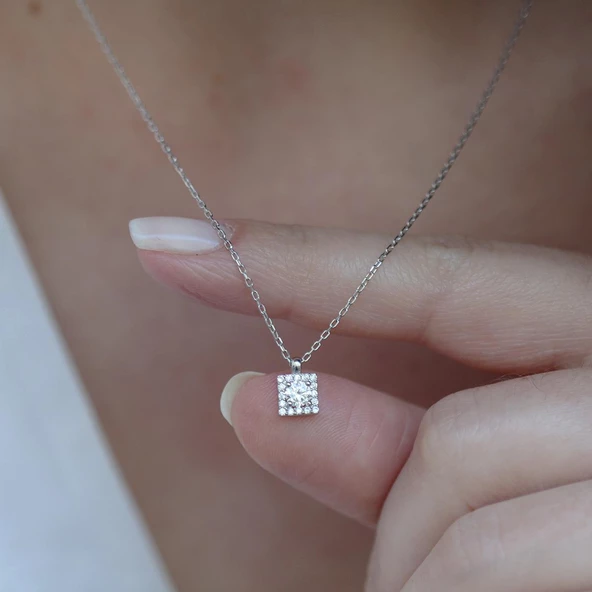 Kare Zirkon Taşlı Gümüş Kolye - Resim 3