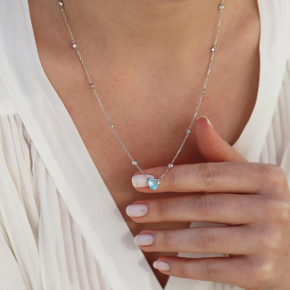 Aquamarin Taşlı Sevgili Kalp Gümüş Kolye - Resim 3