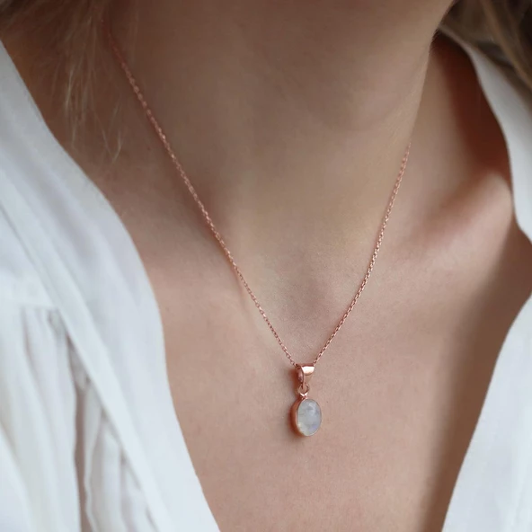 Ay Taşlı Rose Gold Kaplama Doğal Taş Gümüş Kolye - Resim 3