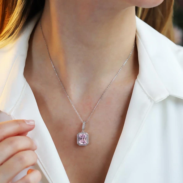 Radiant Kesim Pembe Taşlı Gümüş Kolye - Resim 4