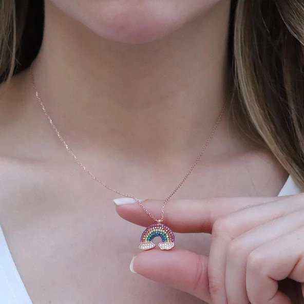Renkli Zirkon Taşlı Gökkuşağı Rose Gold Kaplama Gümüş Kolye - Resim 3