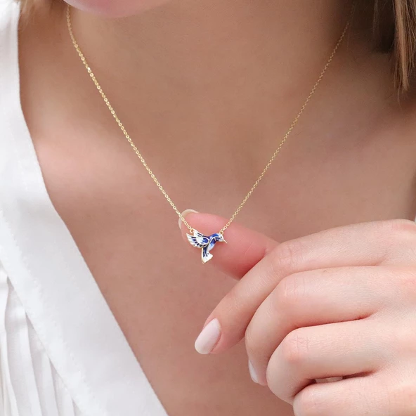 Totem Kuşu Lacivert Mine İşli Gold Kaplama Gümüş Kolye - Resim 3