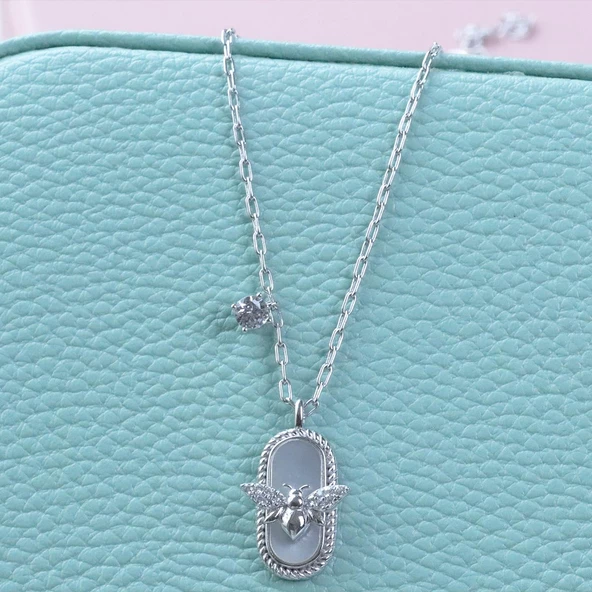 Sedefli Arı Figürlü Trend Gümüş Kolye - Resim 5