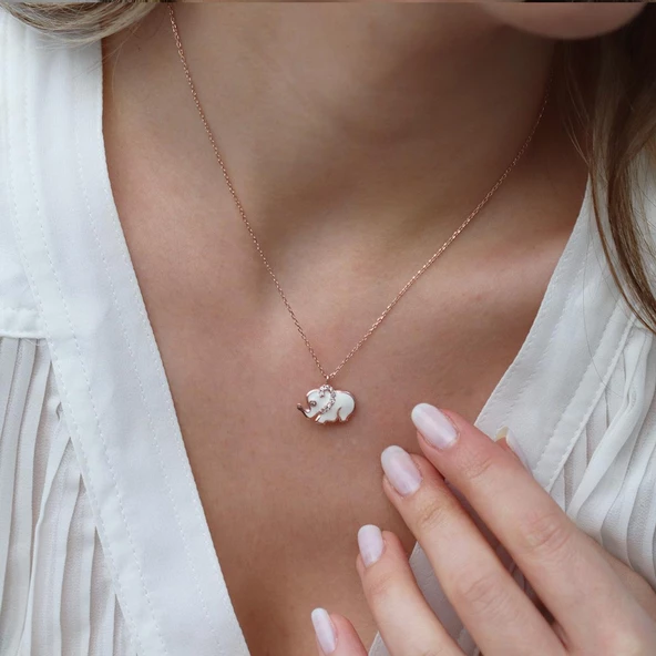 Beyaz Mine İşli Rose Gold Kaplama Bereket Fili Gümüş Kolye - Resim 2