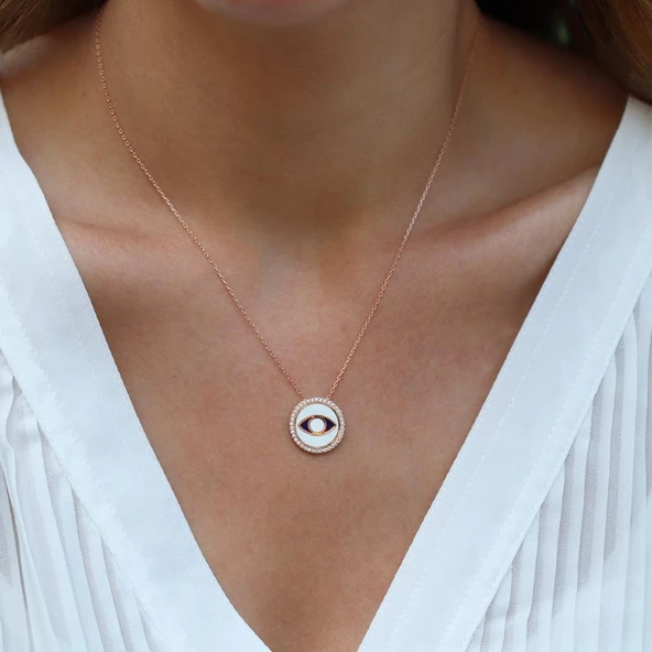 Zirkon Taşlı Mine İşli Göz Modeli Rose Gold Kaplama Gümüş Kolye - Resim 4