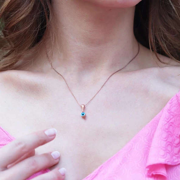 Göz Nazar Boncuklu Rose Gold Kaplama Gümüş Kolye ürün görseli 1