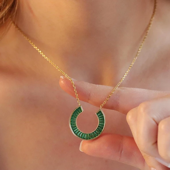 Şans Nalı Yeşil Baget Taşlı Gold Kaplama Gümüş Kolye - Resim 4