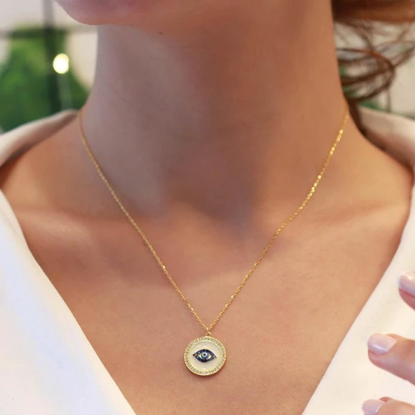 Göz Model Zirkon Taş Çerçeveli Gold Kaplama Gümüş Kolye - Resim 4