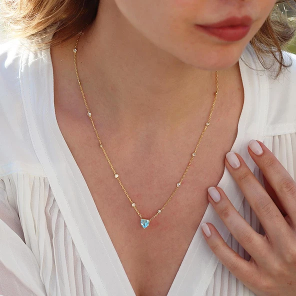 Aquamarin Taşlı Gold Kaplama Sevgili Kalp Gümüş Kolye - Resim 4