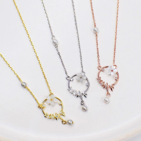 Zambak Çiçeği İnci Detaylı Rose Gold Kaplama Gümüş Kolye - Resim 4