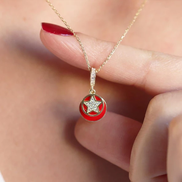 Kırmızı Mine İşli Hareketli Yıldız Gümüş Kolye - Resim 3