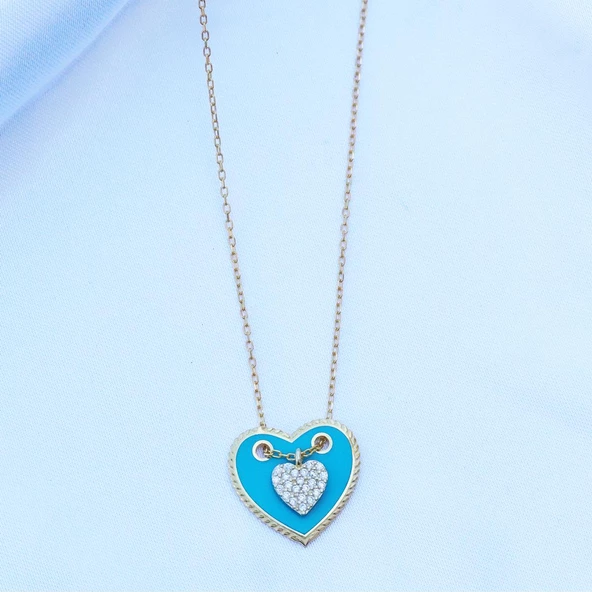 Turkuaz Mine İşli Kalp Charmlı Gold Kaplama Gümüş Kolye - Resim 2