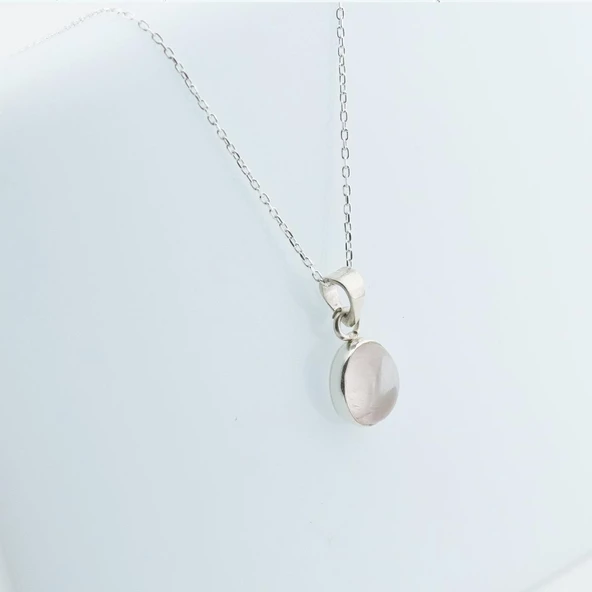 Pembe Kuvars Doğal Taş Gümüş Kolye - Resim 2