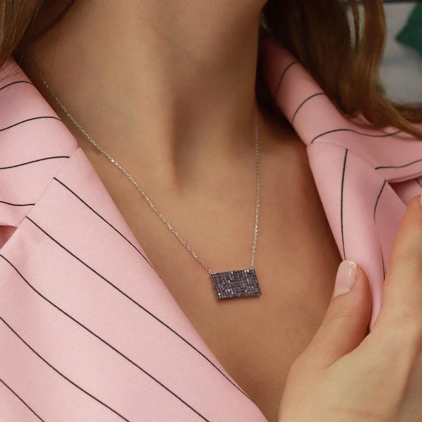 Mor Zirkon Taşlı Dikdörtgen Gümüş Kolye - Resim 2