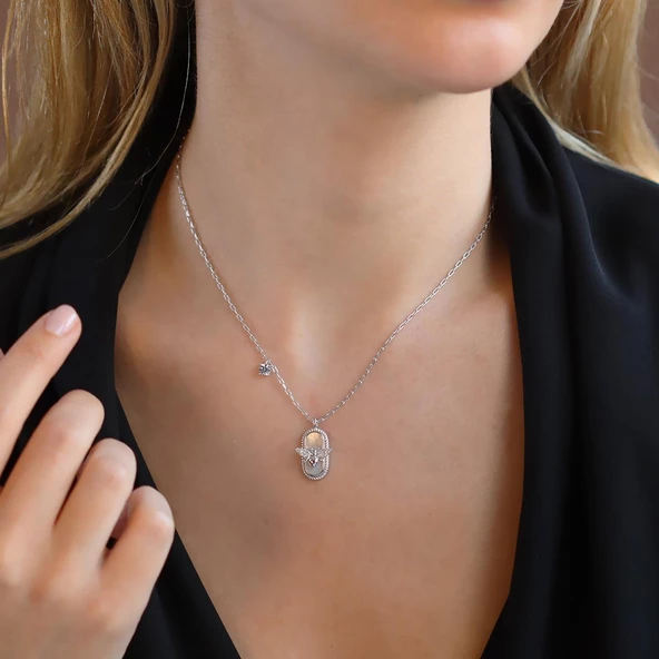 Sedefli Arı Figürlü Trend Gümüş Kolye - Resim 2