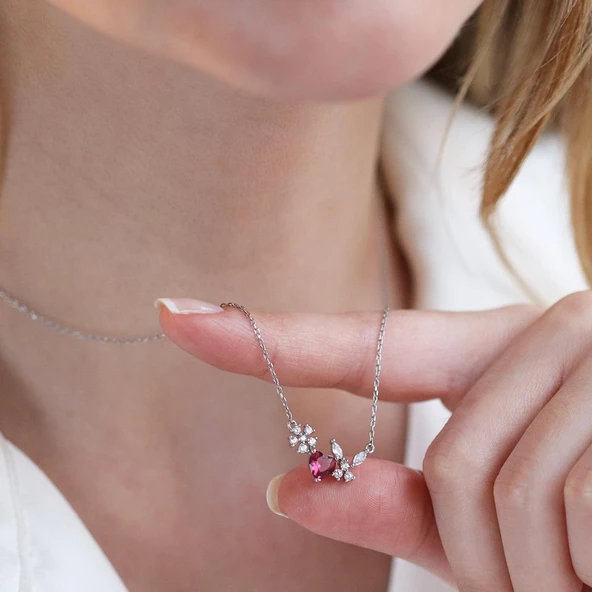 Kalp Çiçekli Taşlı Gümüş Kolye - Resim 5