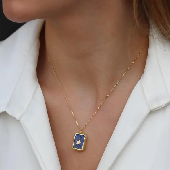 Lapis Taşlı Star Gümüş Kolye - Resim 4