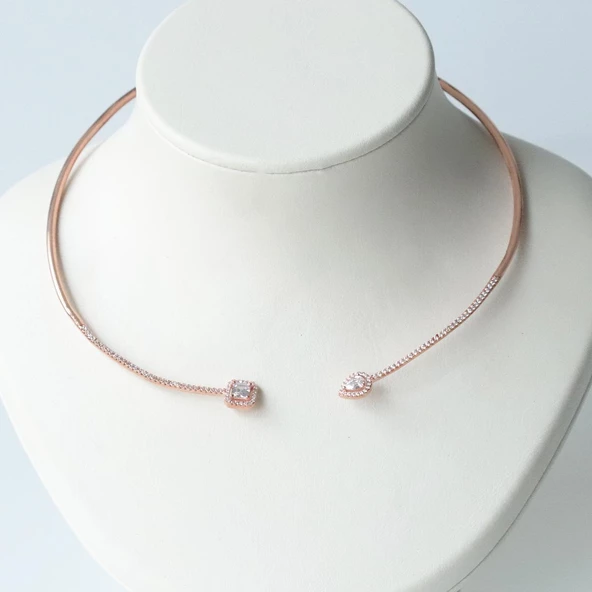 Baget ve Damla Taşlı Rose Gold Kaplama Choker Gümüş Kolye - 3