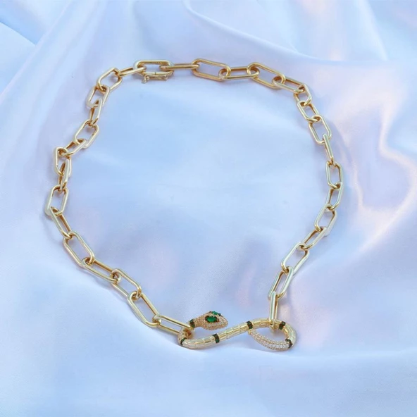 Yılan Sonsuzluk Modeli Gold Kaplama Zirkon Taşlı Kolye - 3