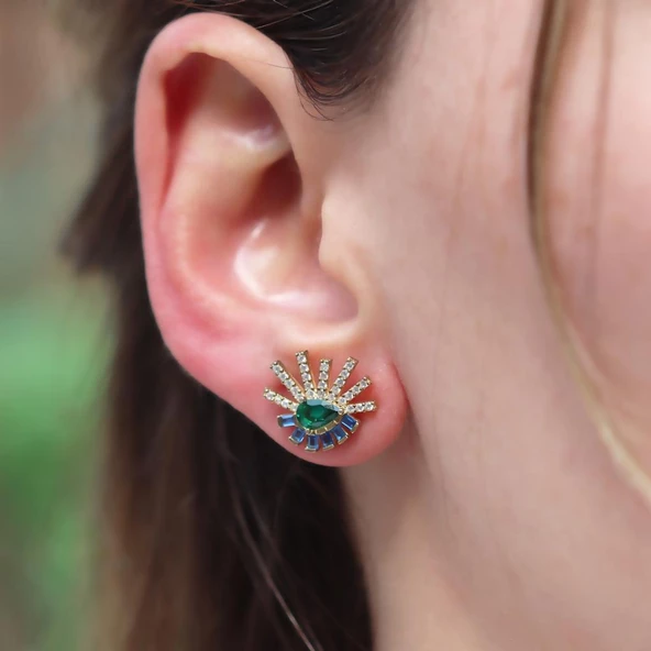 Renkli Taşlı Gold Kaplama Göz Gümüş Küpe - Resim 3