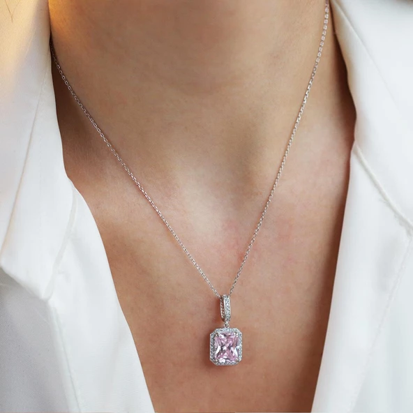 Radiant Kesim Pembe Taşlı Gümüş Kolye - Resim 2