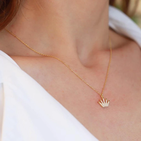 Kral Tacı Zirkon Taş Gold Kaplama Gümüş Kolye - Resim 3