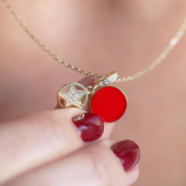 Kırmızı Mine İşli Hareketli Yıldız Gümüş Kolye - Resim 2